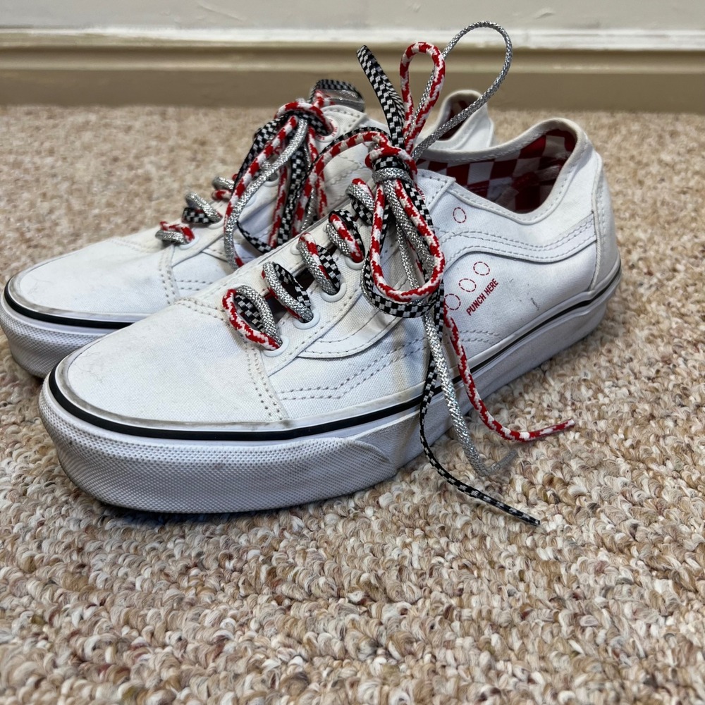 Vans Unisex Old Skool DIY Punch Here White Canvas Skate Sneakers M6 W7.5
